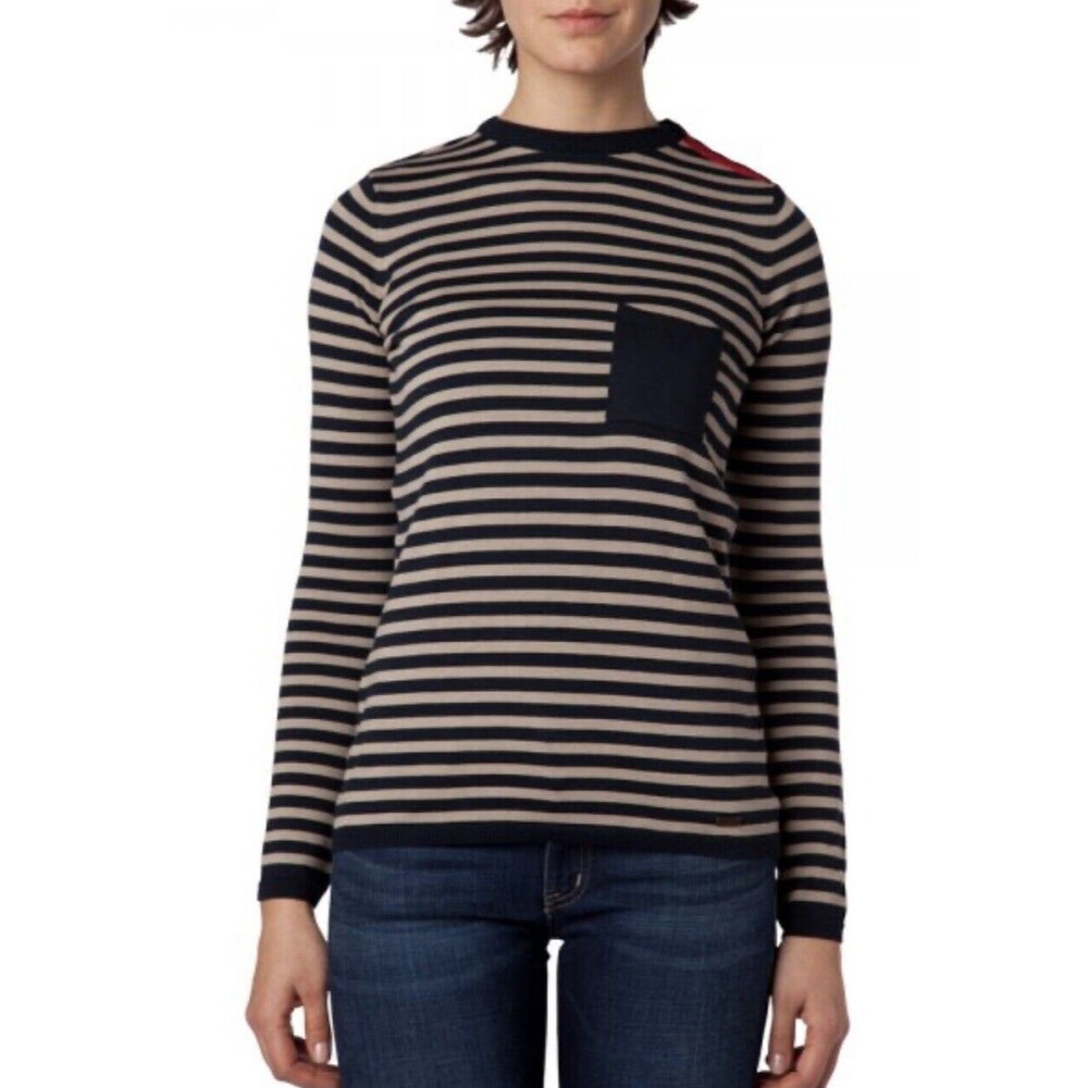 BARBOUR WOMENS Ellie Stripe Crew Neck Sweater Navy Blue Tan Stripe Button Sz8